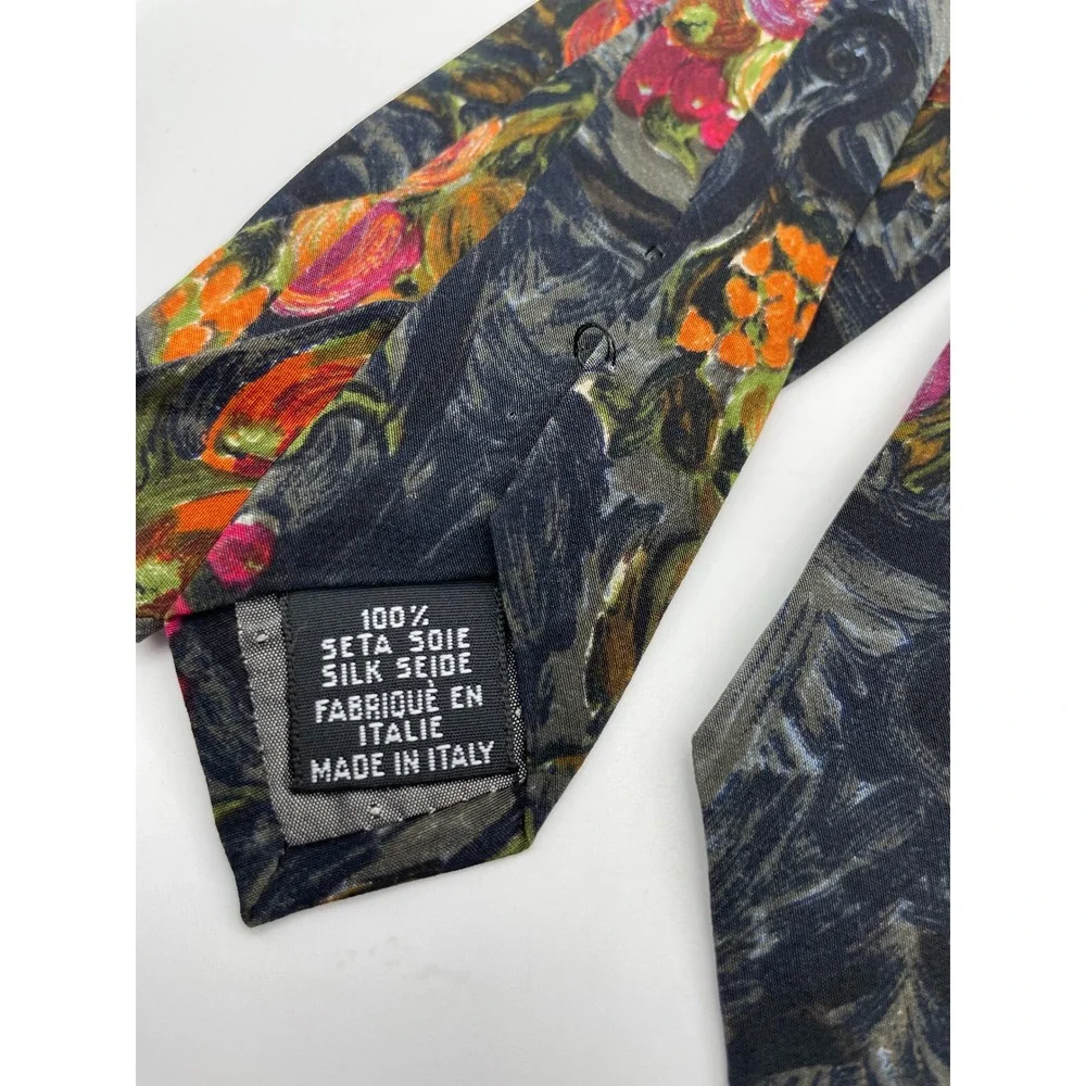 Ungaro Paris Mens Silk Tie Italy Fruit Floral Painterly Charcoal Multicolor